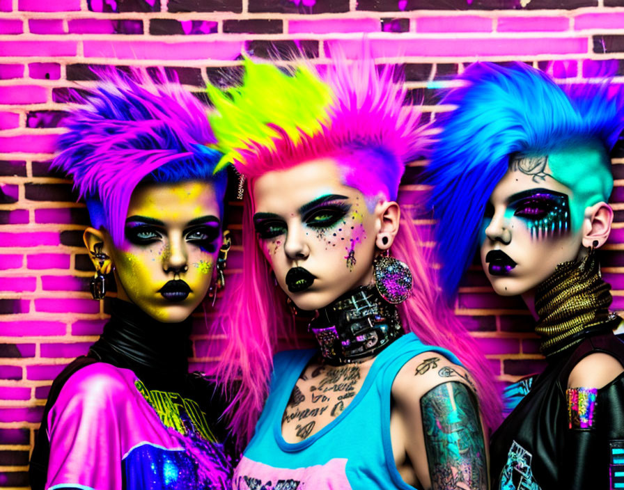 Three people with vibrant punk hairstyles and bold makeup against brick wall