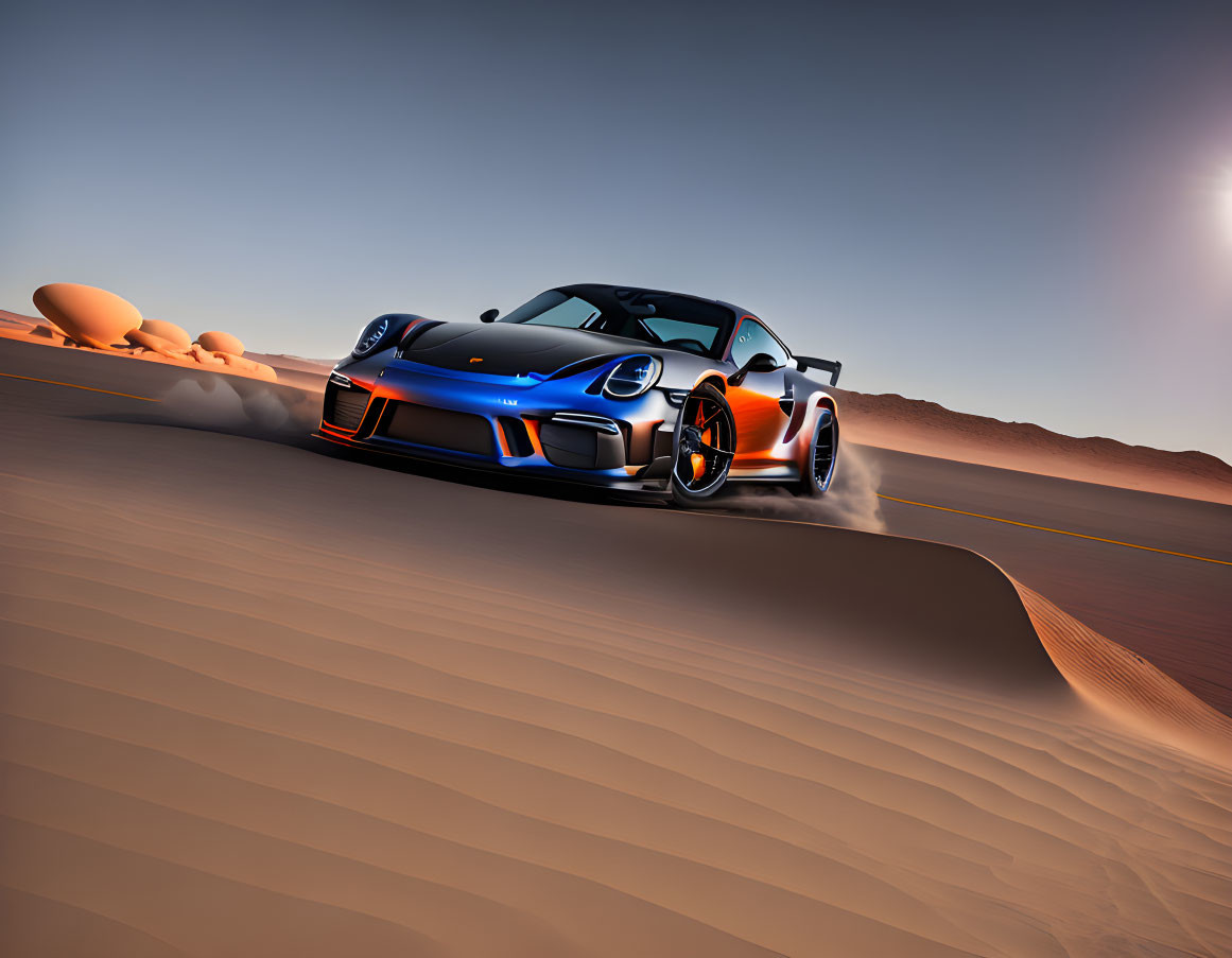 Blue sports car racing through desert under golden hour sky