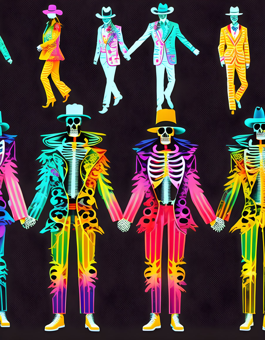 Vibrant skeletal figures in flamboyant attire on dark background