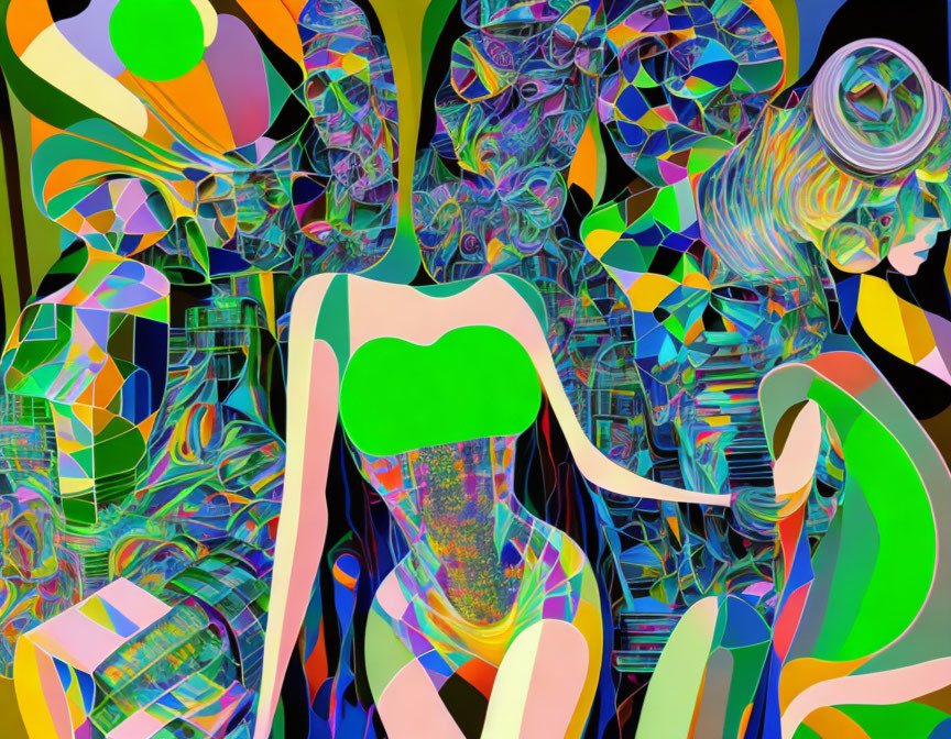 Vibrant abstract digital art of fragmented human figures