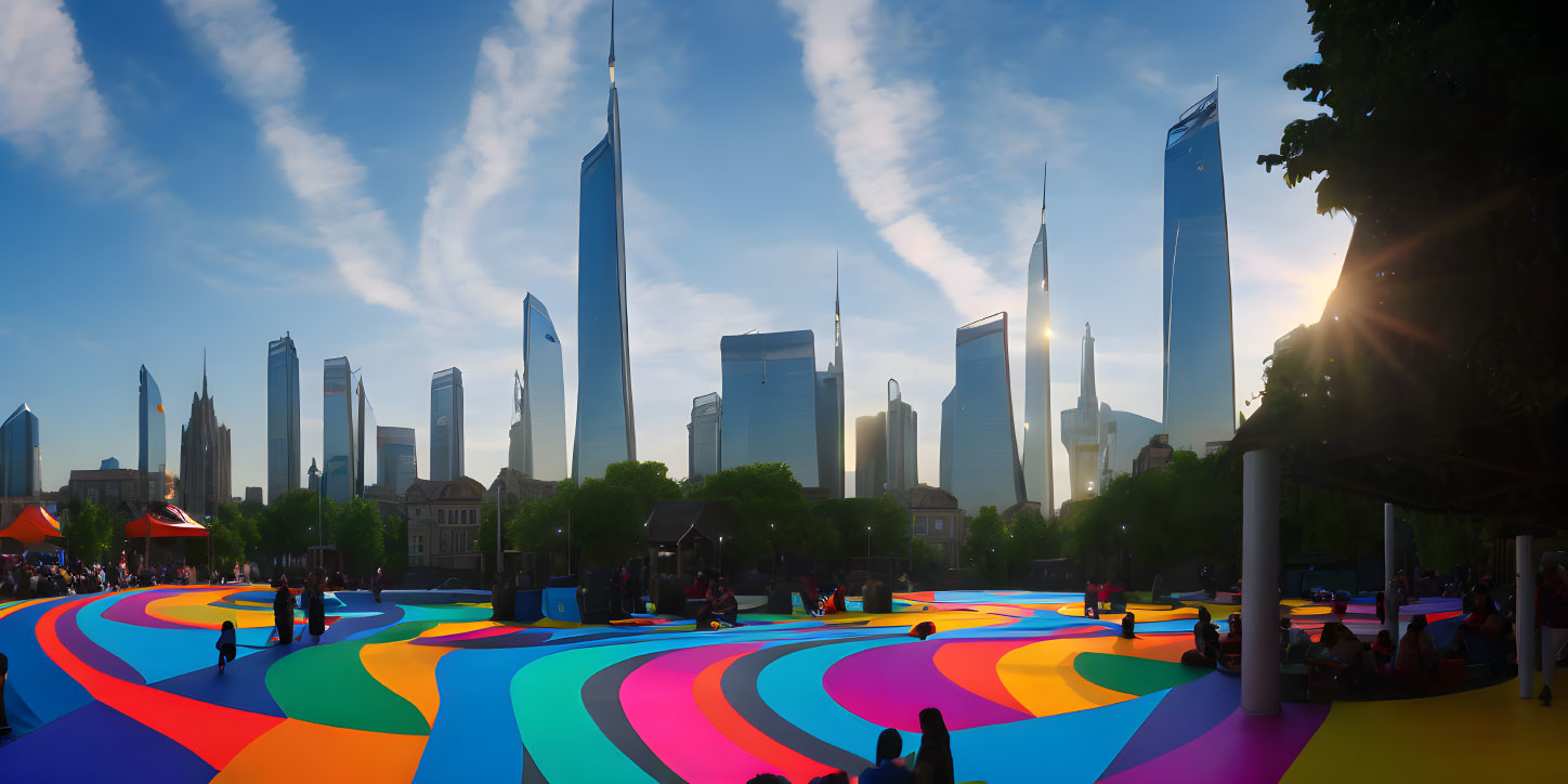 Vibrant city park mural with people, skyscrapers, and blue sky