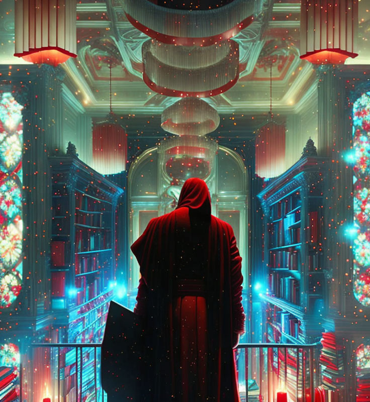 Cloaked Figure in Futuristic Library with Ornate Ceilings