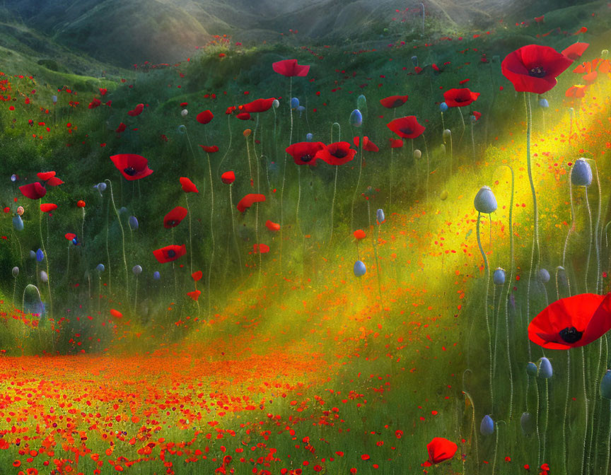 Scenic red poppy field with sunlight on green hills