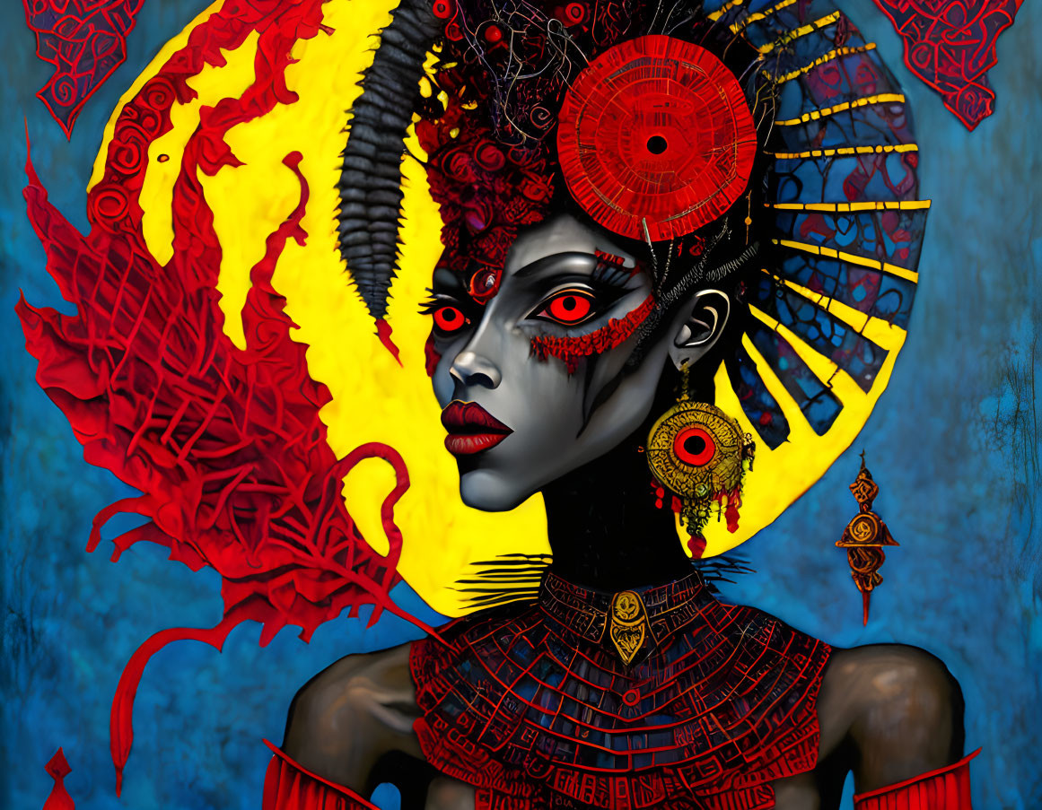 Colorful portrait of woman with red and black face paint and ornate headgear on blue background