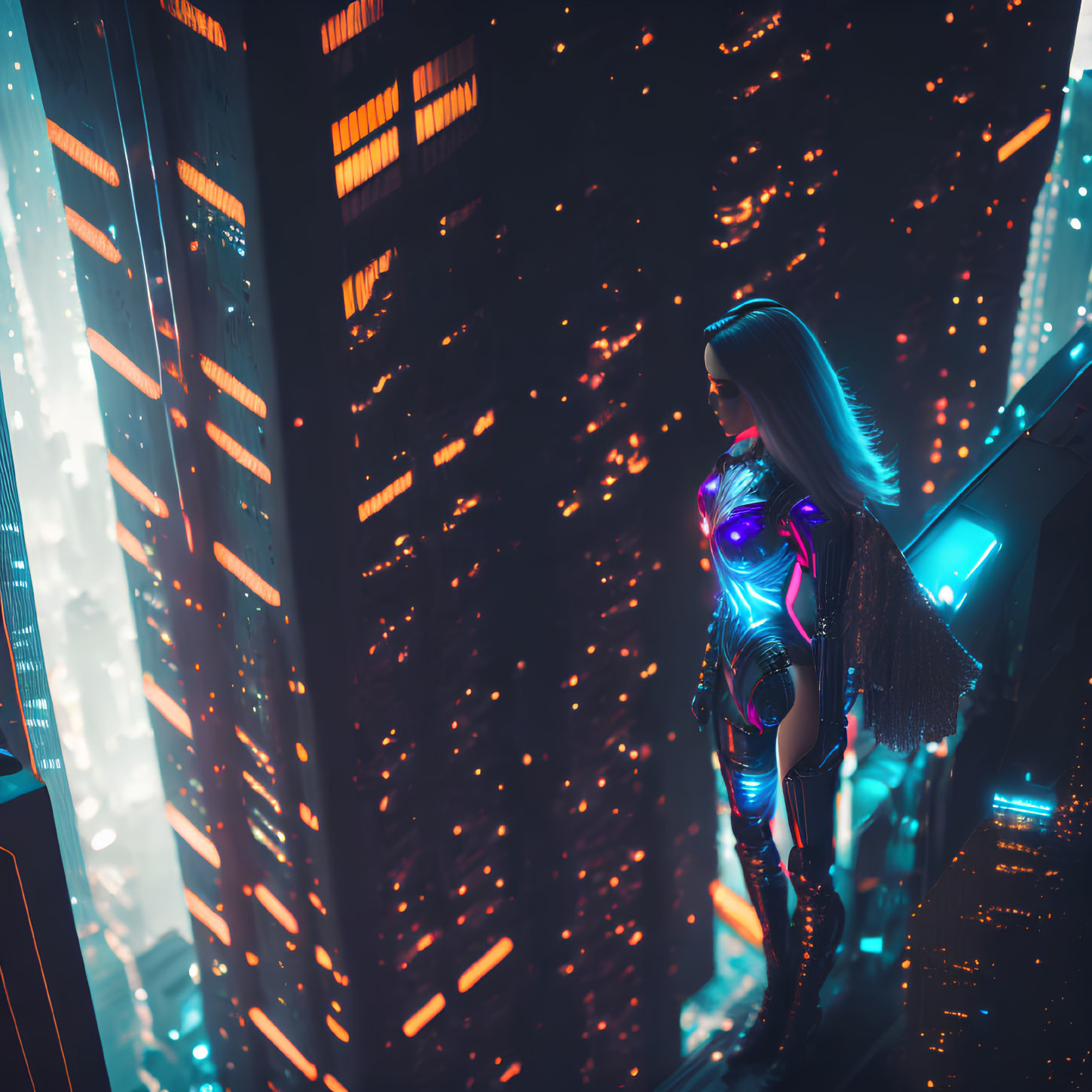 Futuristic figure in glowing suit on high-rise ledge gazes at neon cyberpunk cityscape