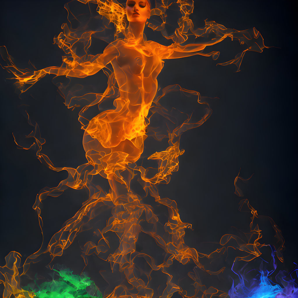 Fiery female figure digital artwork on dark background