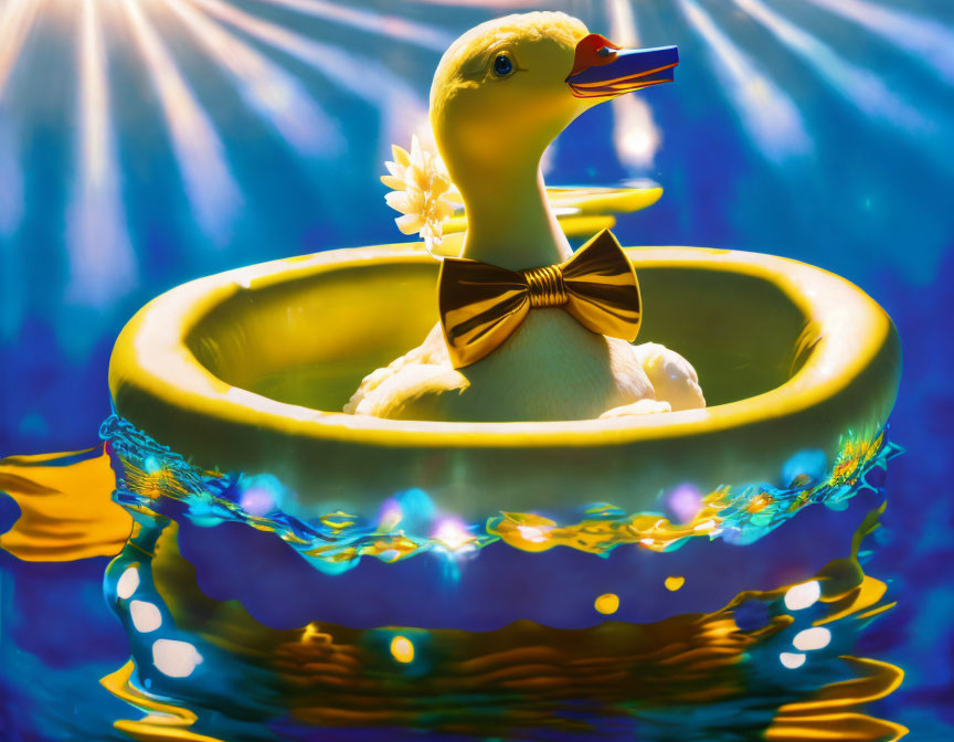 Rubber duck with bowtie floating in sunlight and water ring