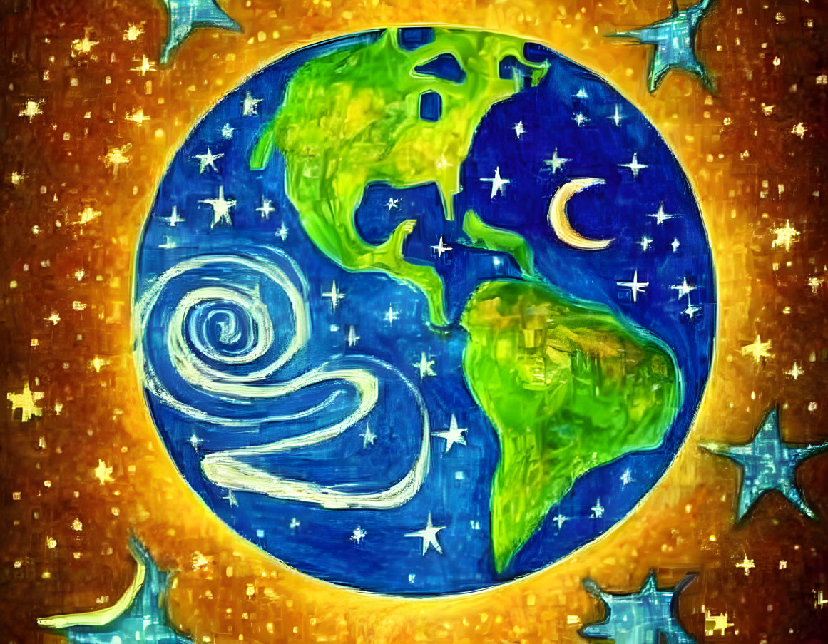 Earth Art: Green continents on cosmic background with moon crescent