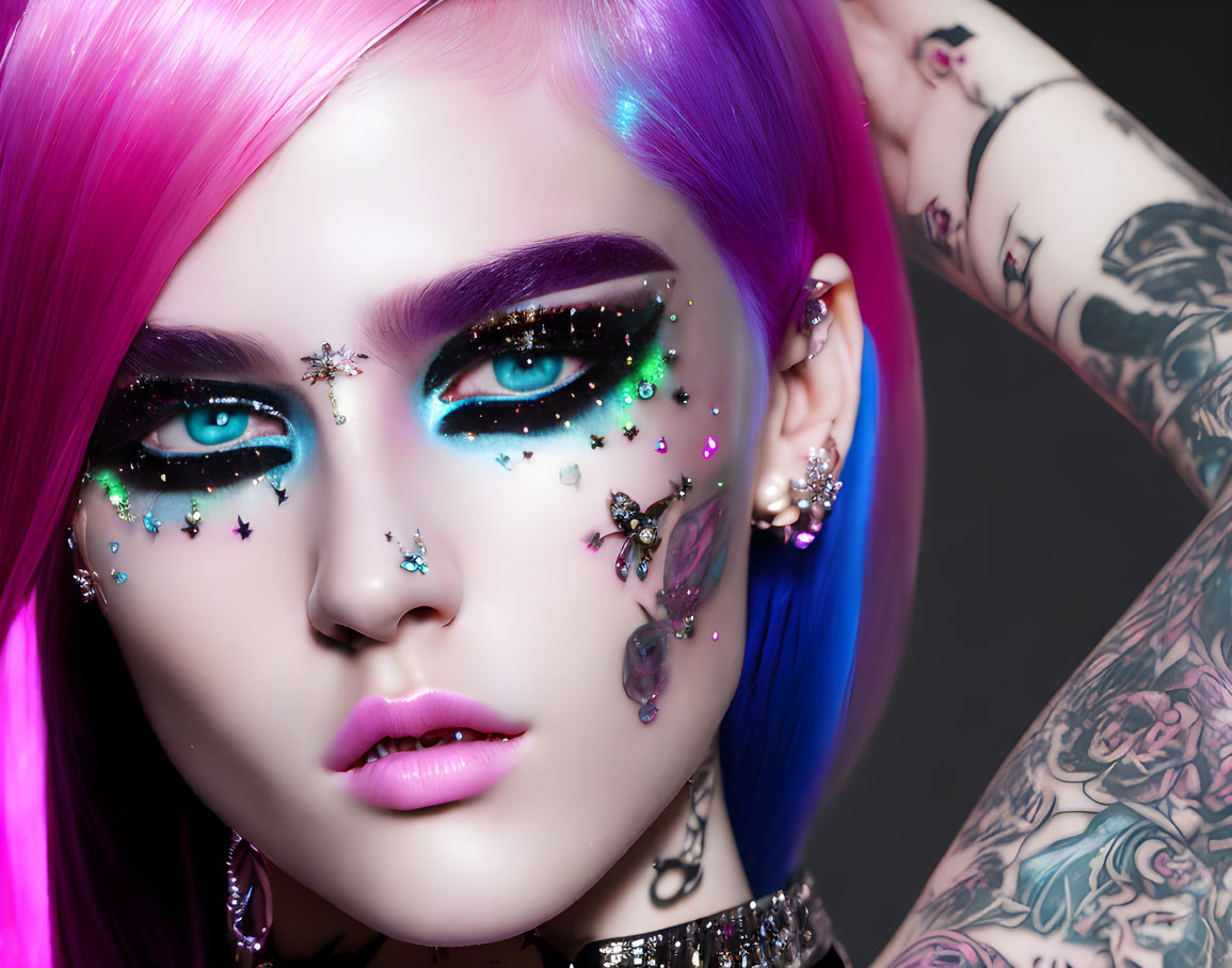 Vibrant pink and purple hair, dramatic makeup, tattoos on grey background