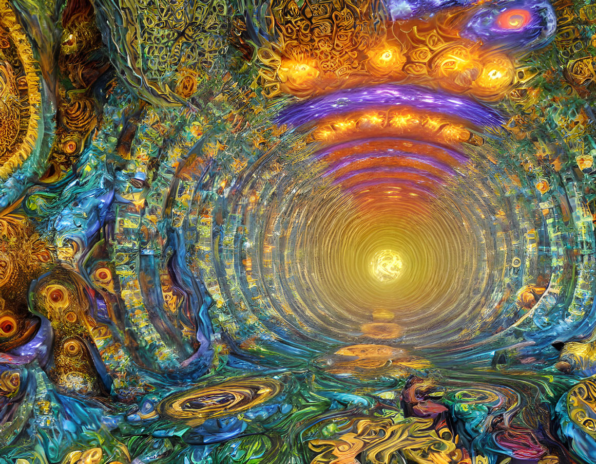 Colorful fractal image with swirling patterns and shining lights in tunnel illusion