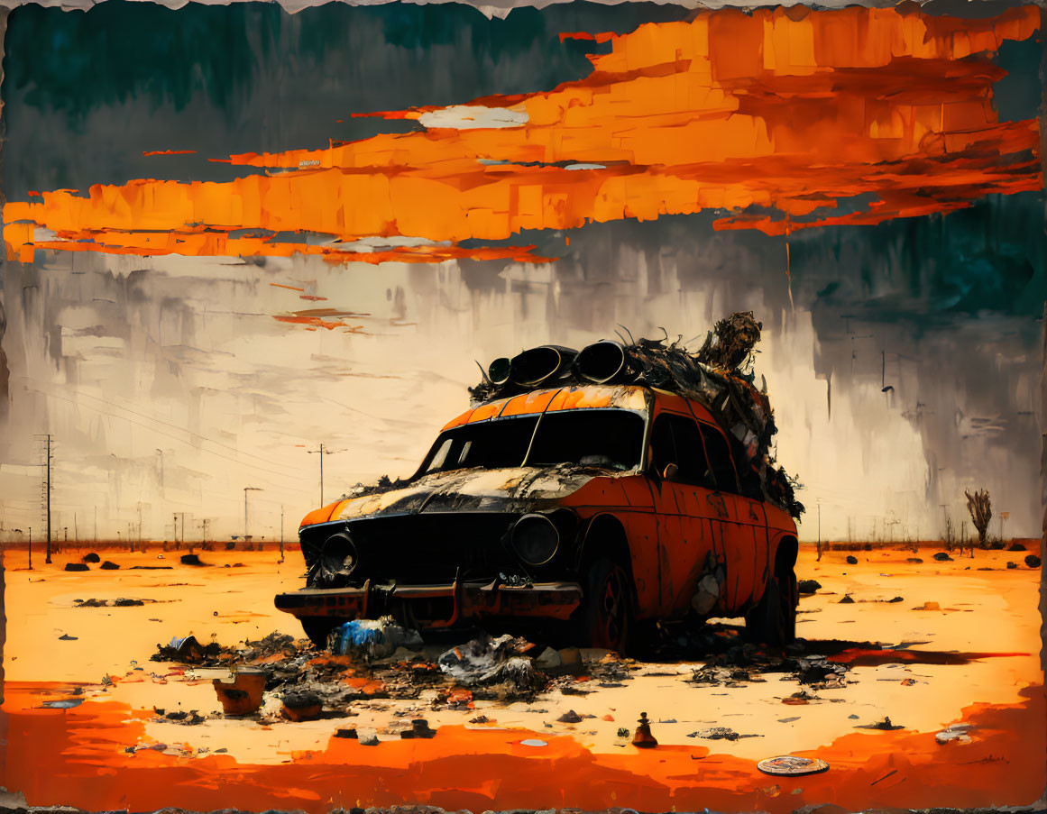 Abandoned orange car with rooftop cargo in desolate landscape