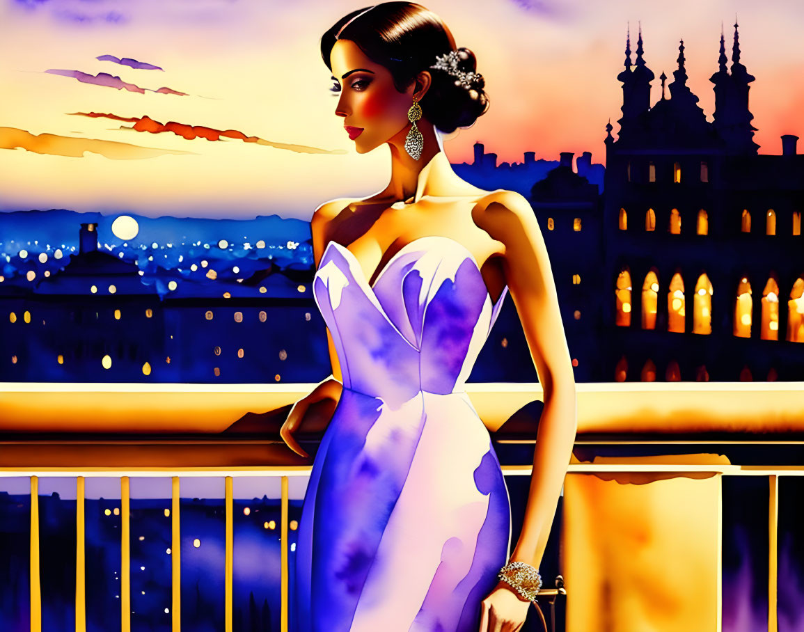 Elegant Woman in Purple Gown on Balcony at Sunset