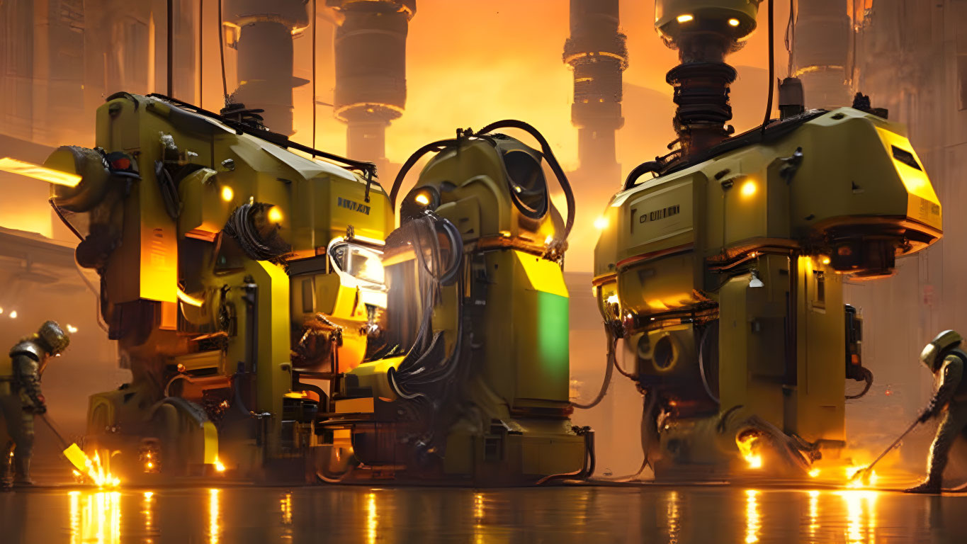 Futuristic industrial scene with large and small robots