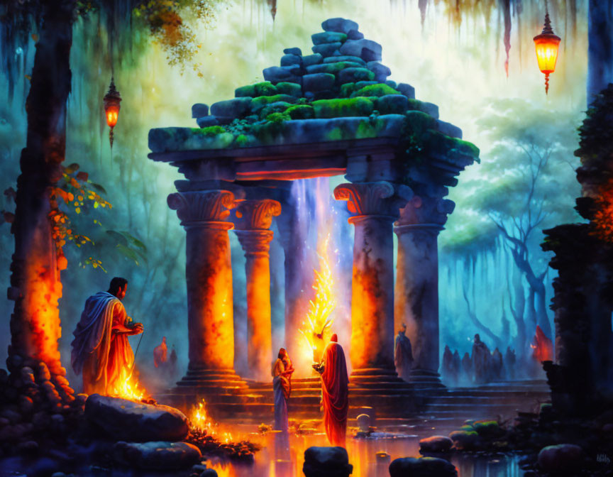 Mystical forest scene with ancient altar and robed figures under lantern light