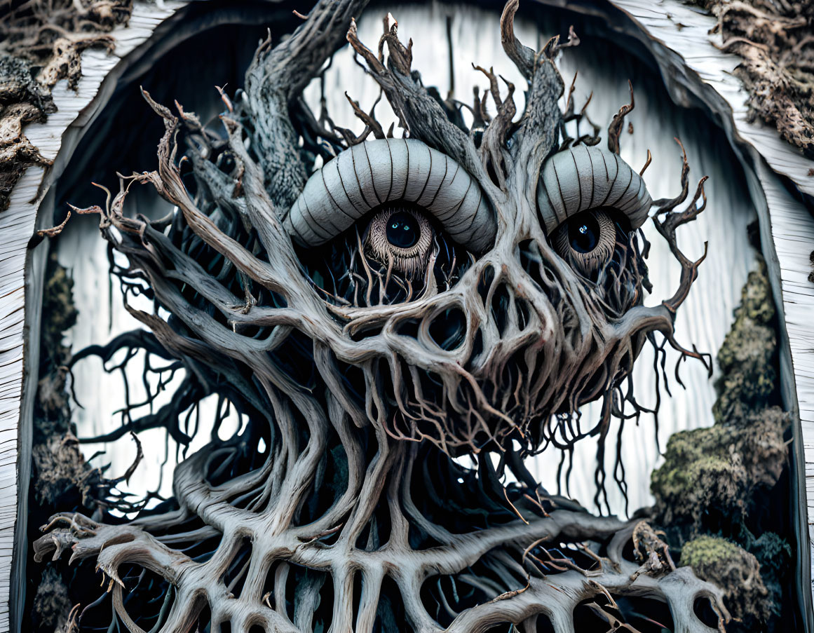 Surreal artwork: Large eyes in gnarled tree branches