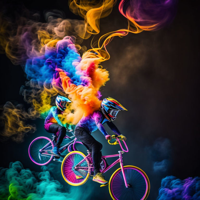 Vibrant smoke trails surround BMX riders in stunts on black backdrop