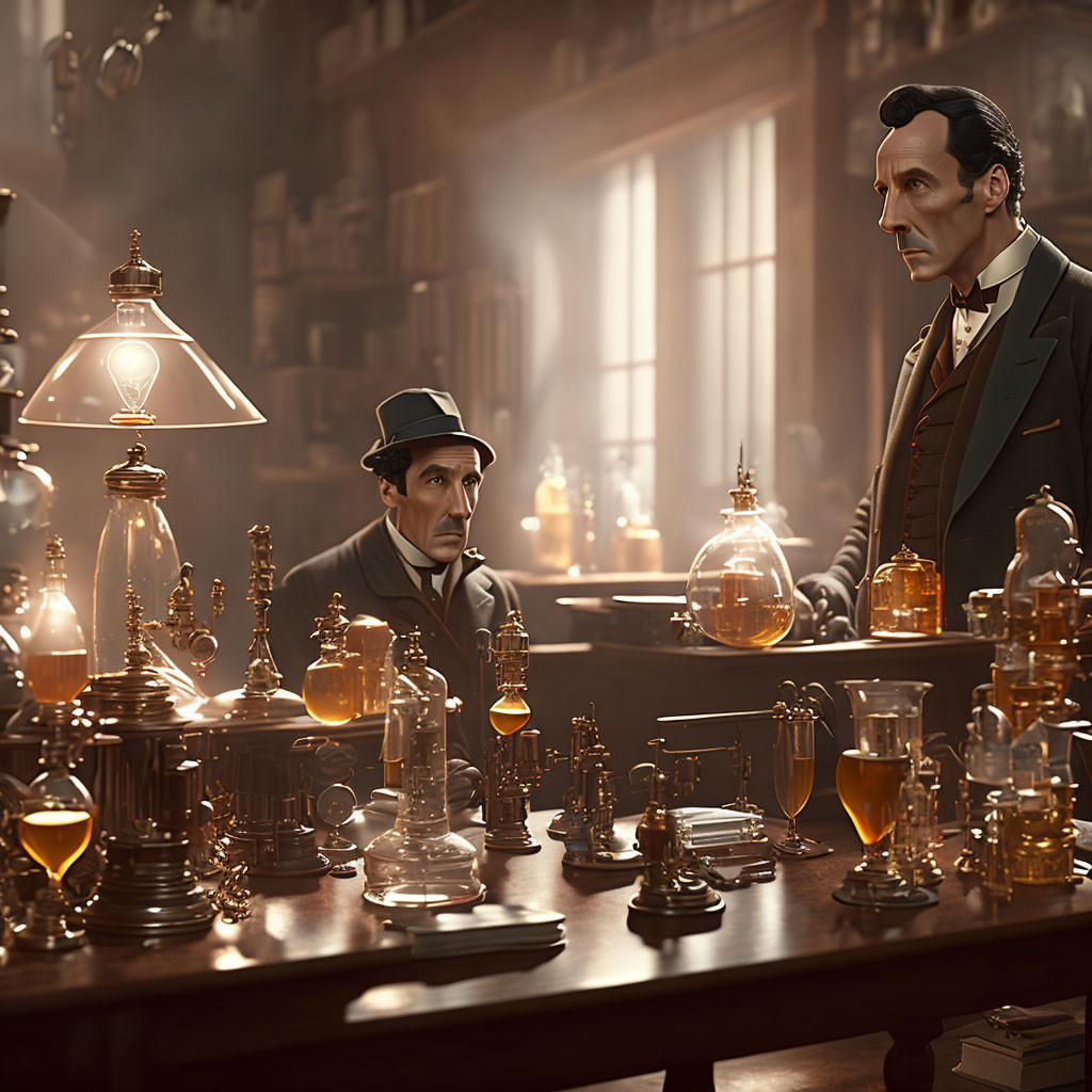 Victorian-era laboratory scene with two men in conversation