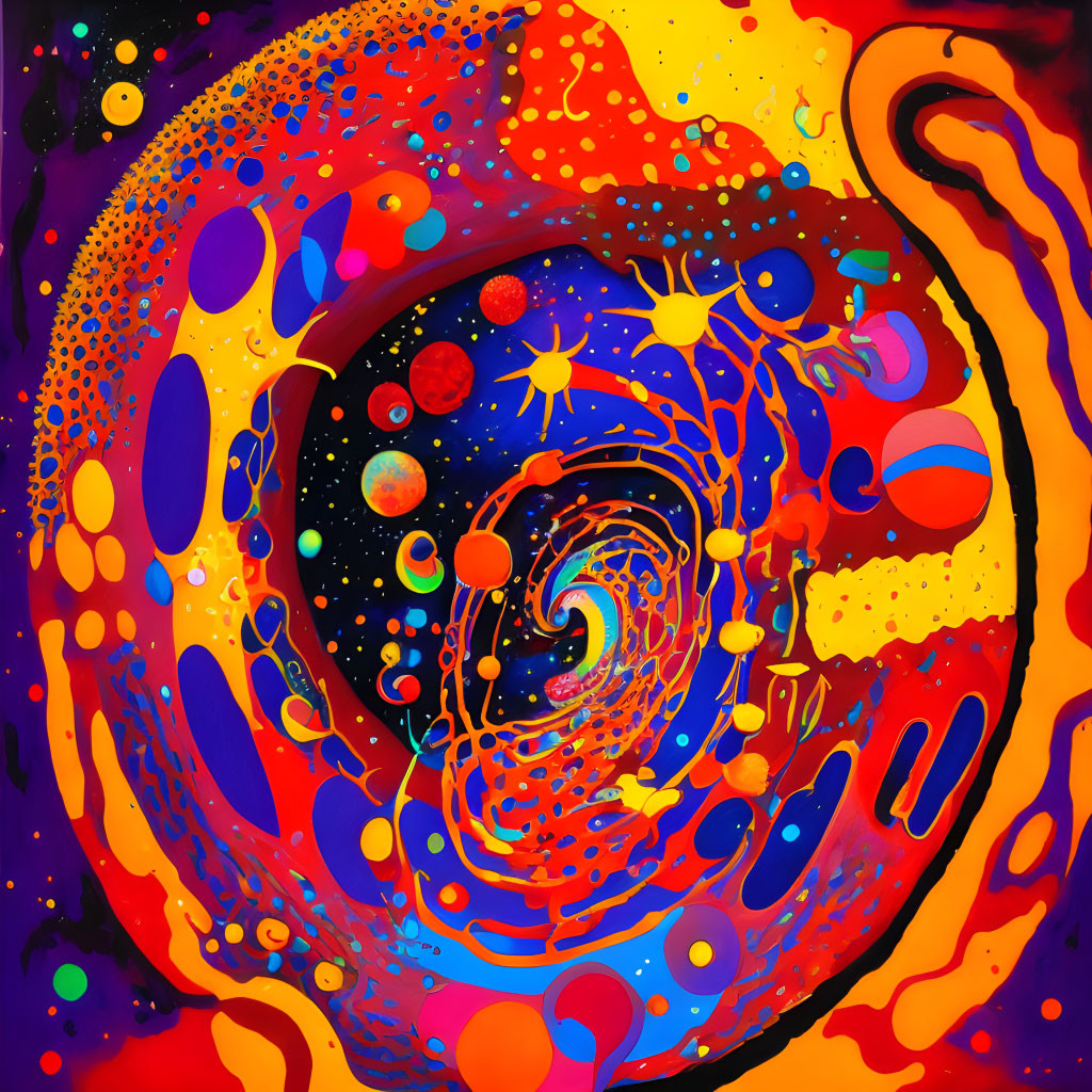 Colorful Abstract Art: Cosmic Swirl with Stars and Planets