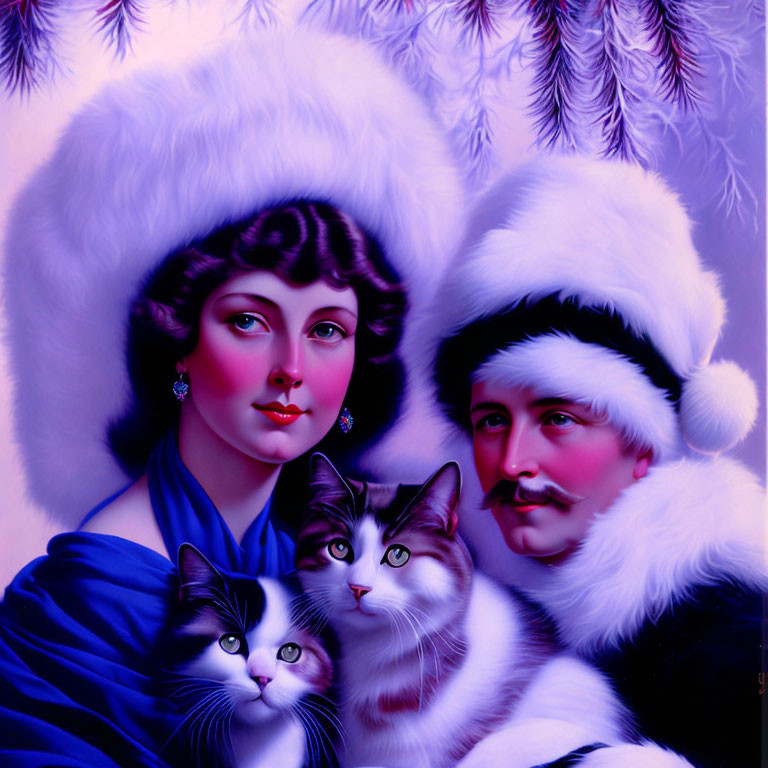 Vintage Style Illustration of Couple in White Fur Hats with Two Cats and Pine Branch Background