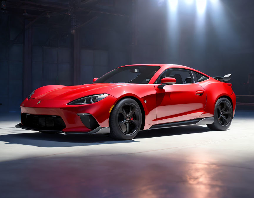 Red Sports Car with Sharp Lines and Rear Spoiler in Dimly Lit Space