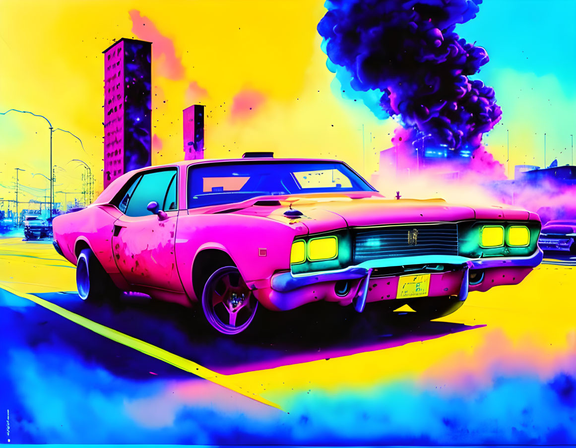 Stylized pink classic car with neon blue and yellow hues in urban backdrop