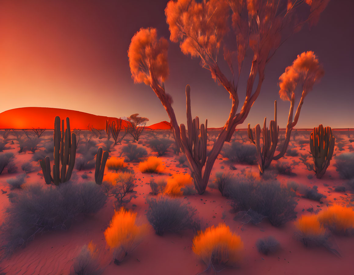 Desert sunset scene with silhouetted cacti and trees against red-orange sky.