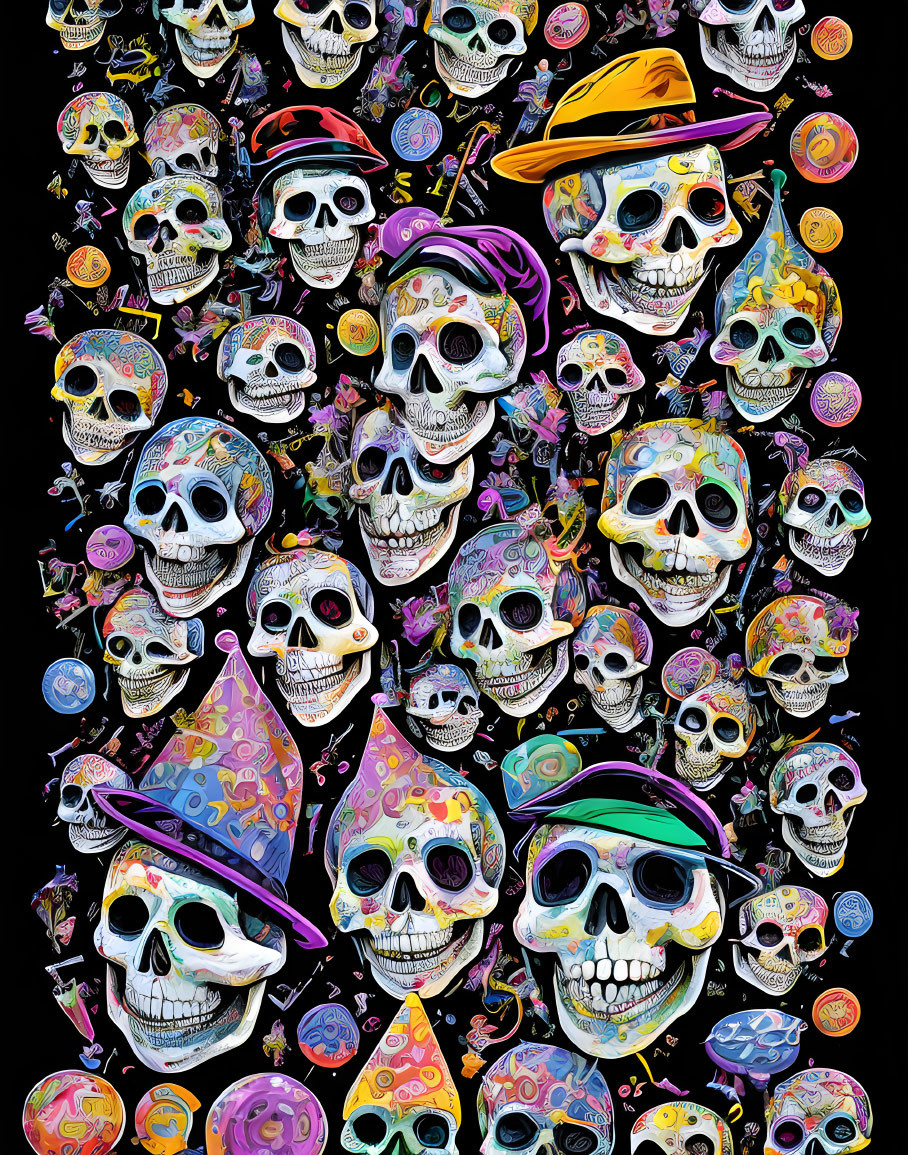 Decorated Skulls with Hats on Black Background