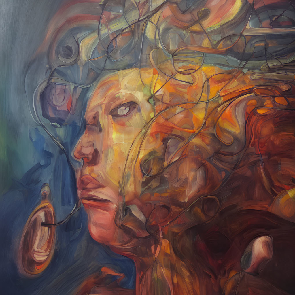 Vibrant abstract painting of a human face with swirling colors