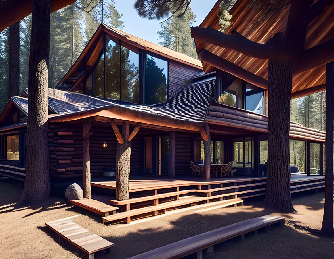 Modern Log Cabin with Large Windows in Pine Tree Setting