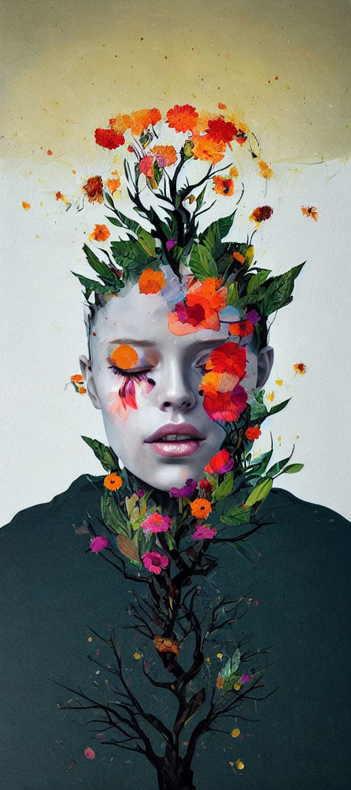 Surrealist portrait featuring leaves and flowers on face against beige backdrop