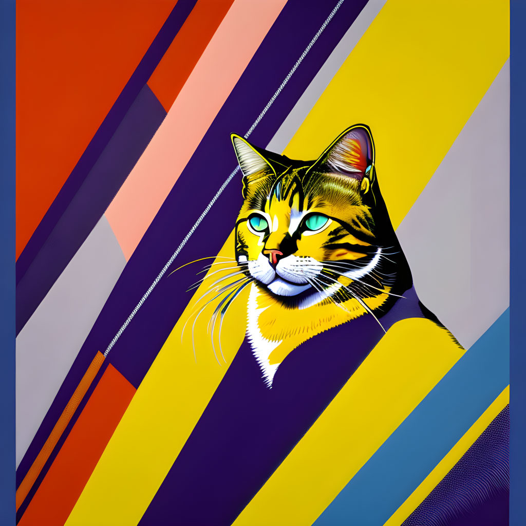 Vibrant cat illustration on geometric background with colorful stripes