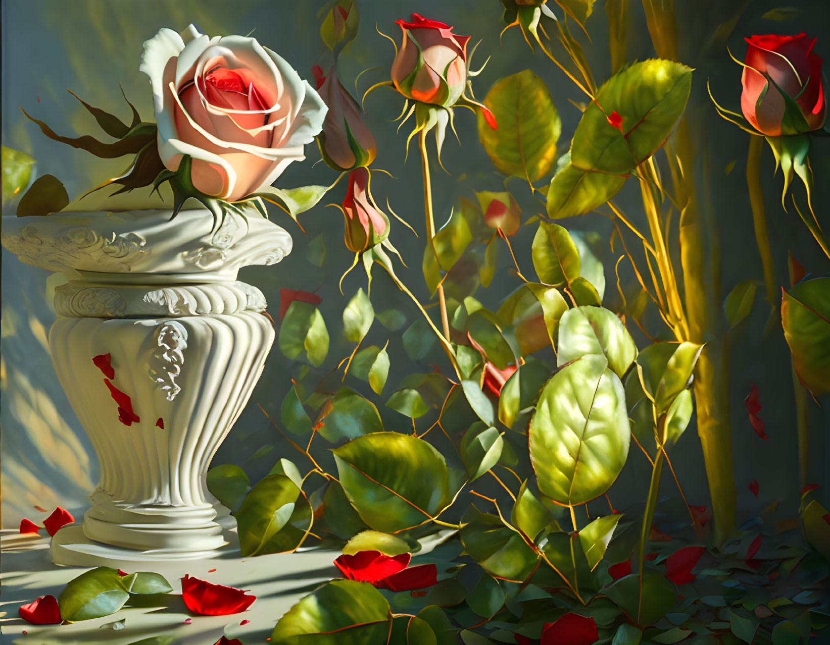 Pink Roses in White Vase with Green Leaves and Sunlight