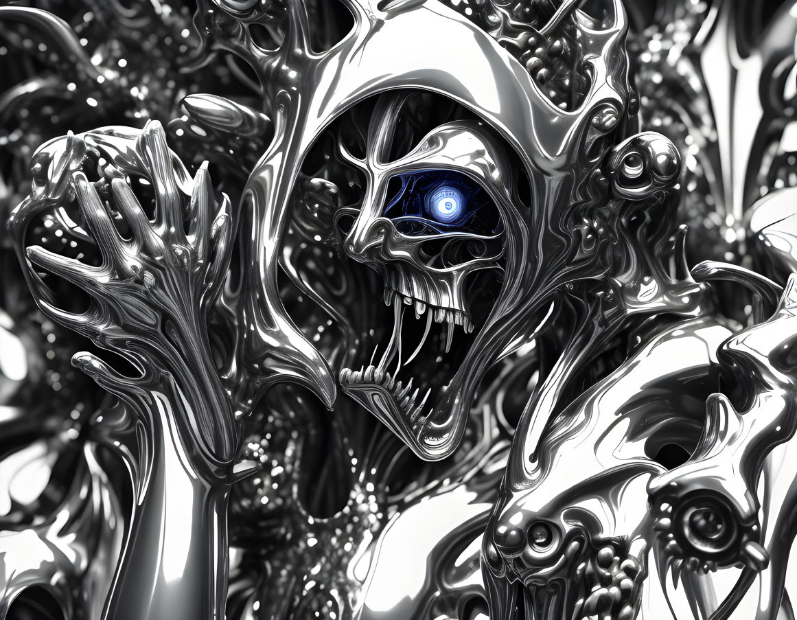 Metallic skeletal entity with grinning skull and blue glowing eyes in 3D illustration