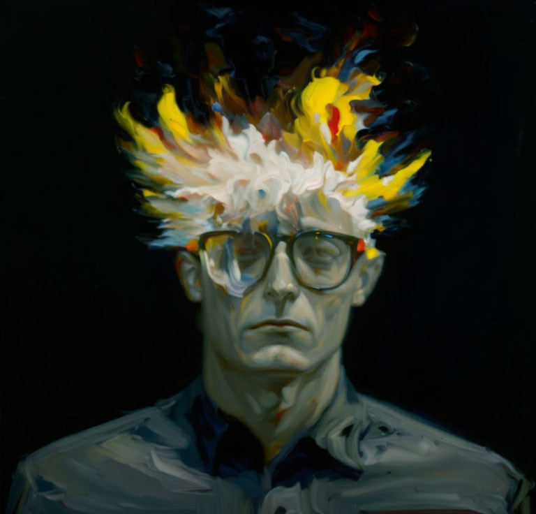 Portrait of a person with glasses and vibrant flame-like hair on dark background