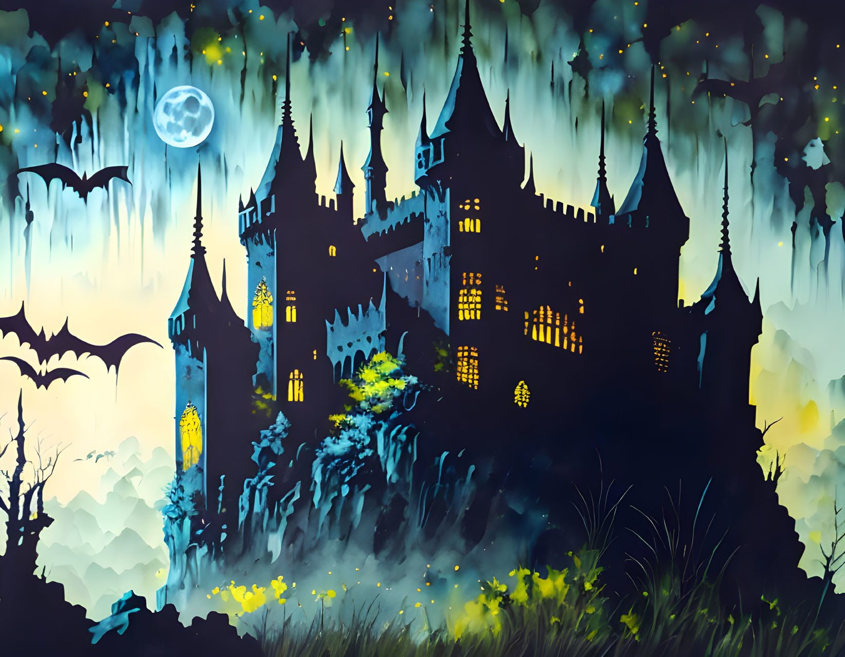 Gothic castle silhouette under full moon with bats and foggy landscape