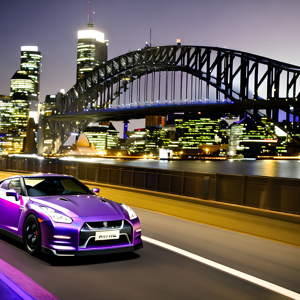 Purple sports car on road with illuminated skyline and steel bridge at dusk