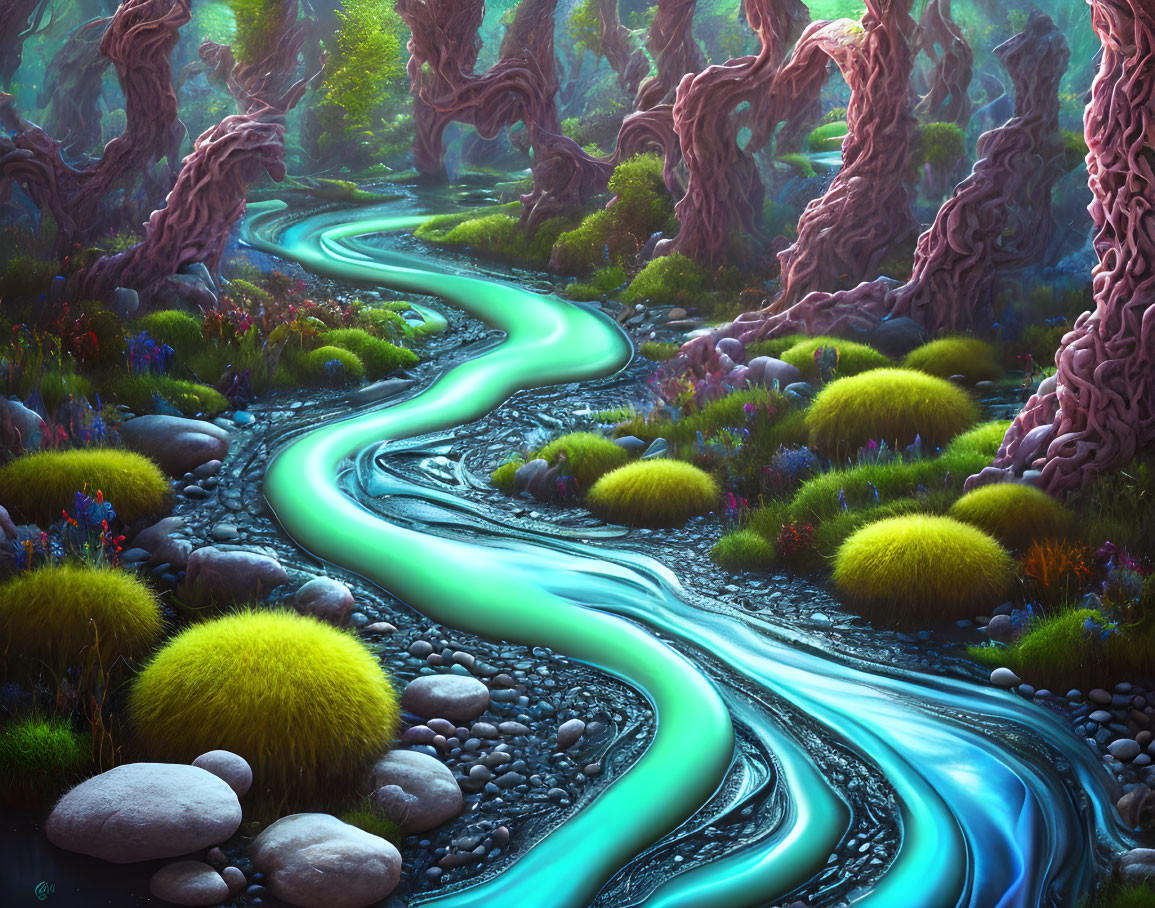 Mystical forest digital artwork with turquoise river