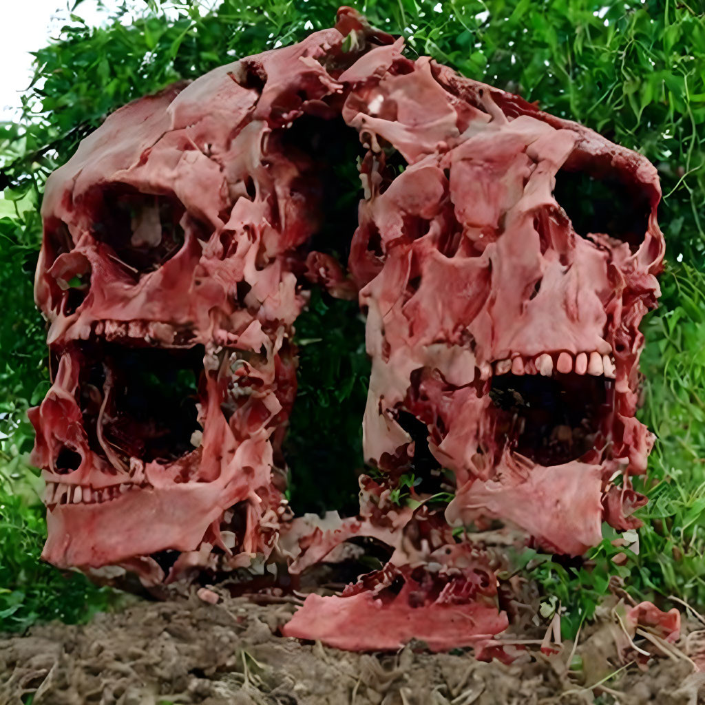 Cube-shaped structure with distorted human skull imagery on raw surface against green foliage.