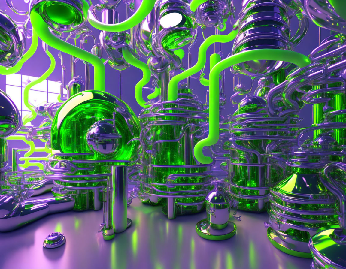 Futuristic laboratory with glowing green liquids in transparent tubes