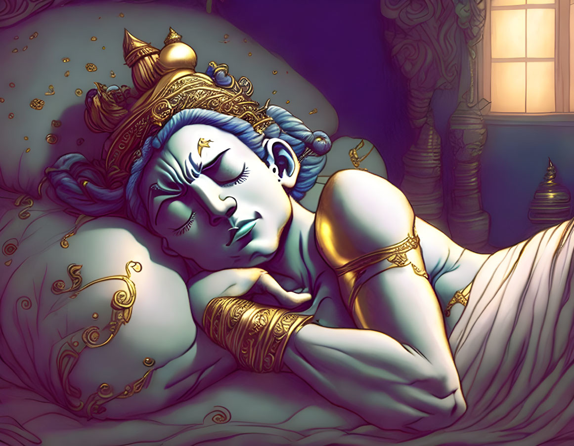 Blue-skinned figure adorned with traditional jewelry sleeps in serene blue light