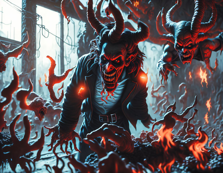 Dark and Eerie Artwork: Demonic Figure Surrounded by Flames and Sinister Creatures