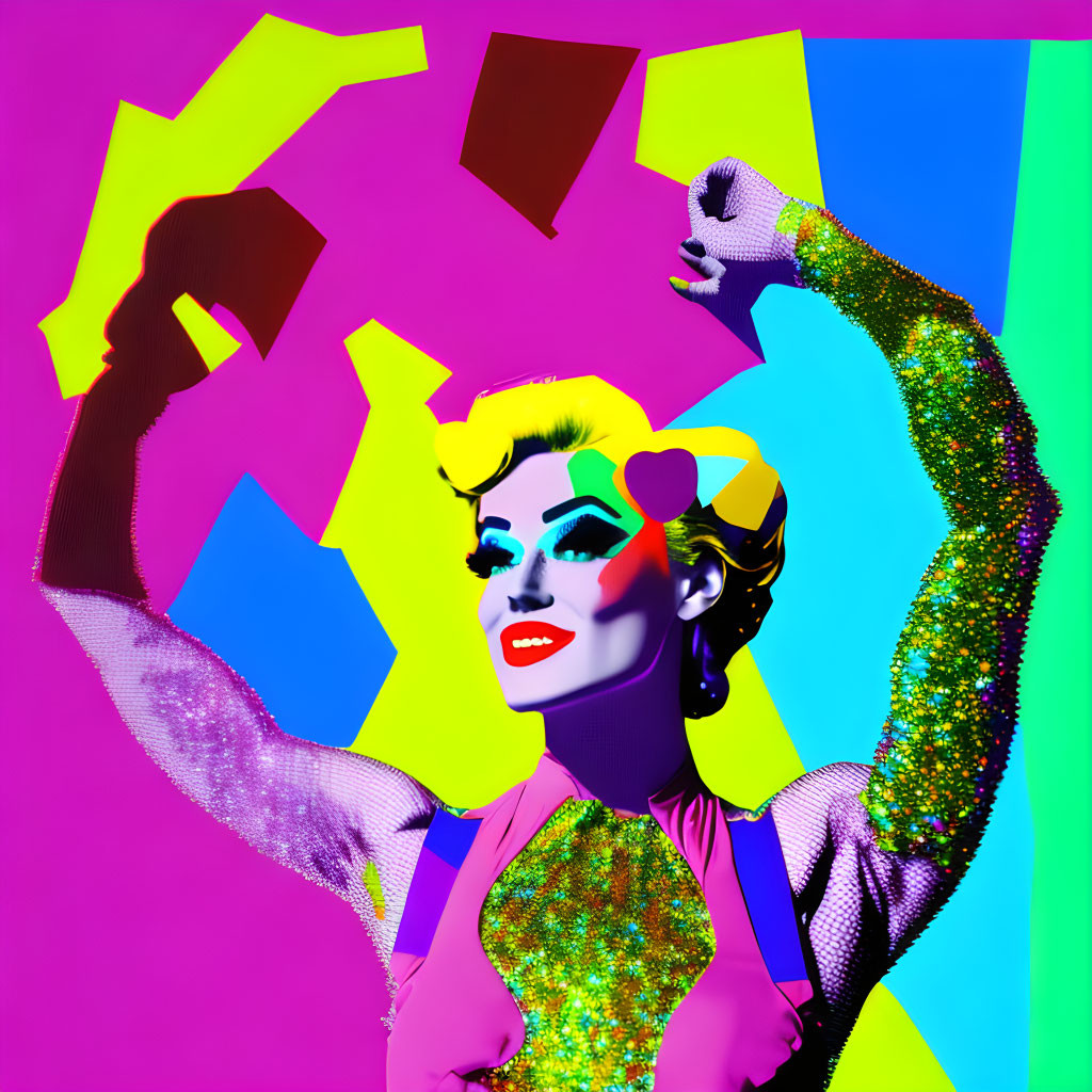 Colorful pop art style image of retro woman with vibrant, glittery sleeves and abstract shapes