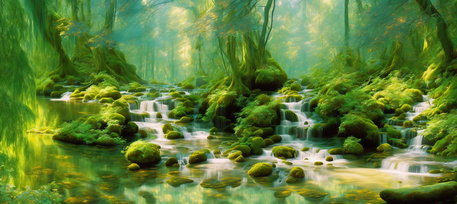 Tranquil forest waterfall with sunlight, moss-covered rocks, and gentle water.