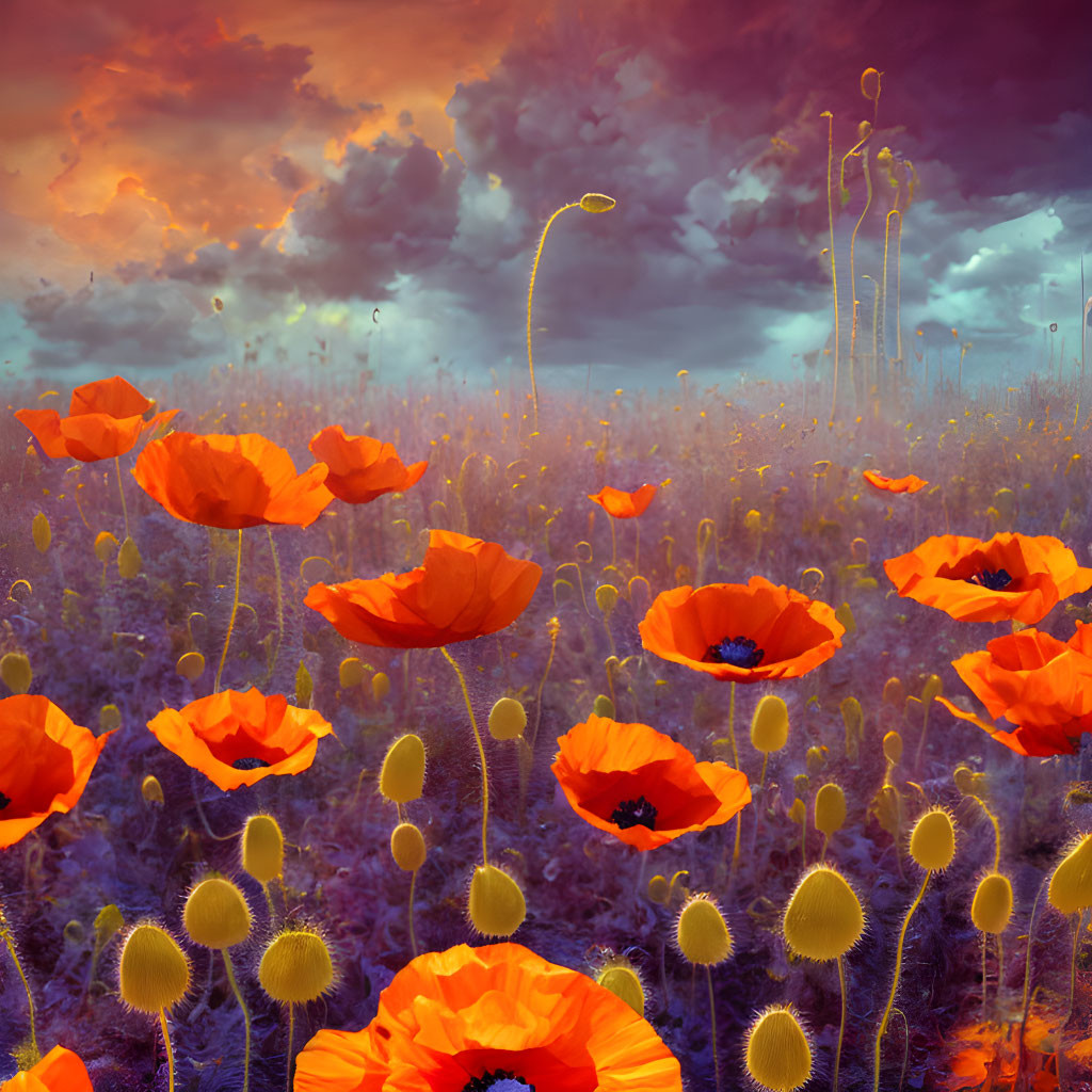 Vivid red poppies in dramatic sunset field with golden swirling stems