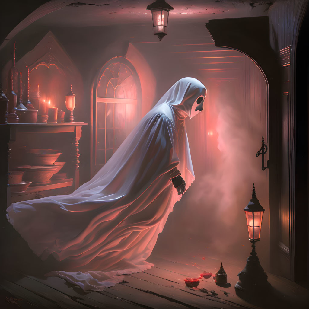 Ghostly figure in white cloak and dark mask in dimly lit gothic corridor with candles, lantern