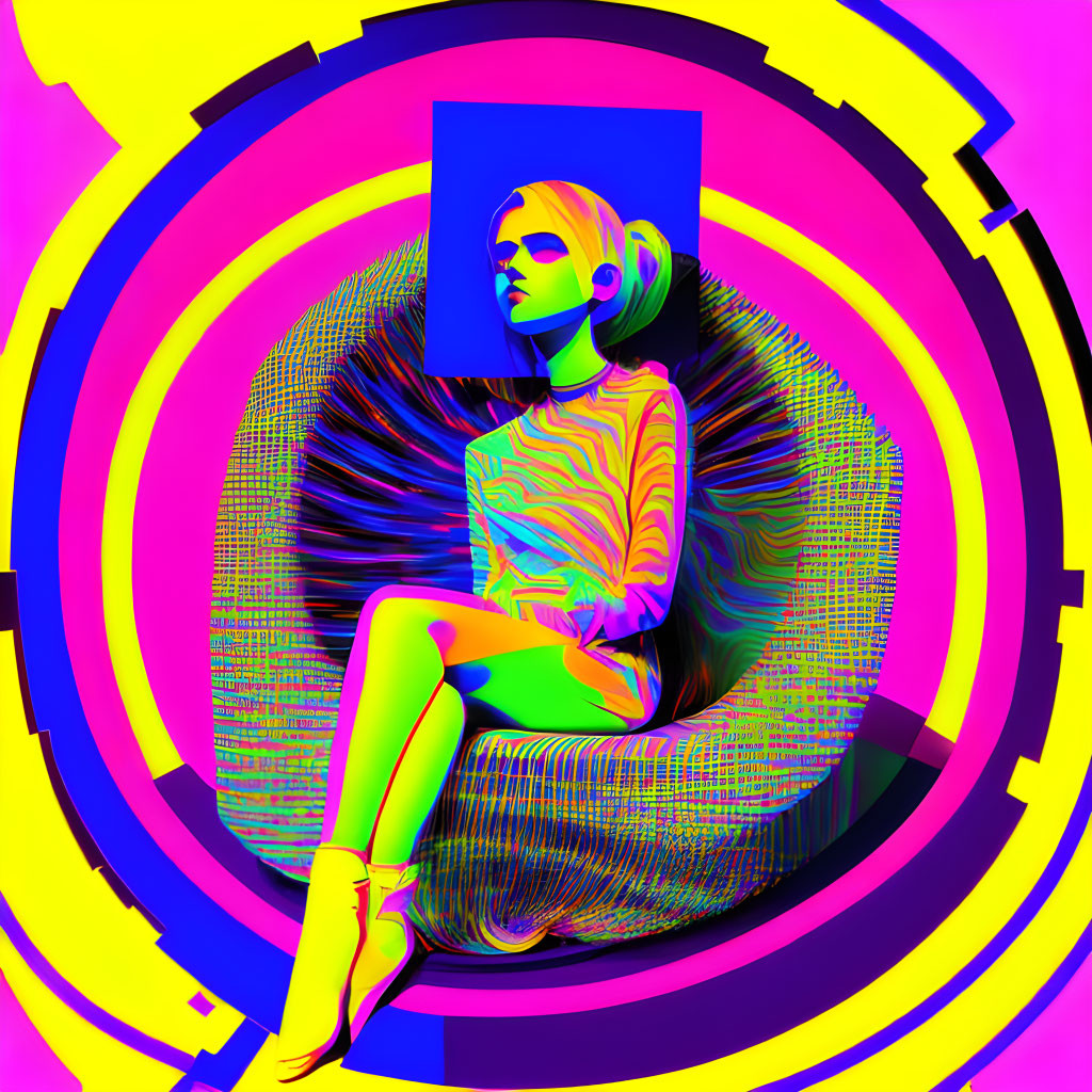 Digital art: Stylized woman with square face, neon concentric circles