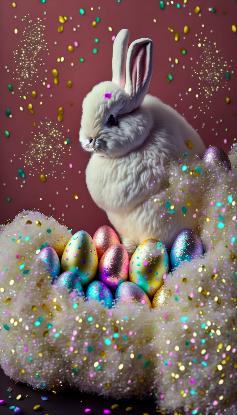 Fluffy white bunny with Easter eggs in sparkling nest on maroon background