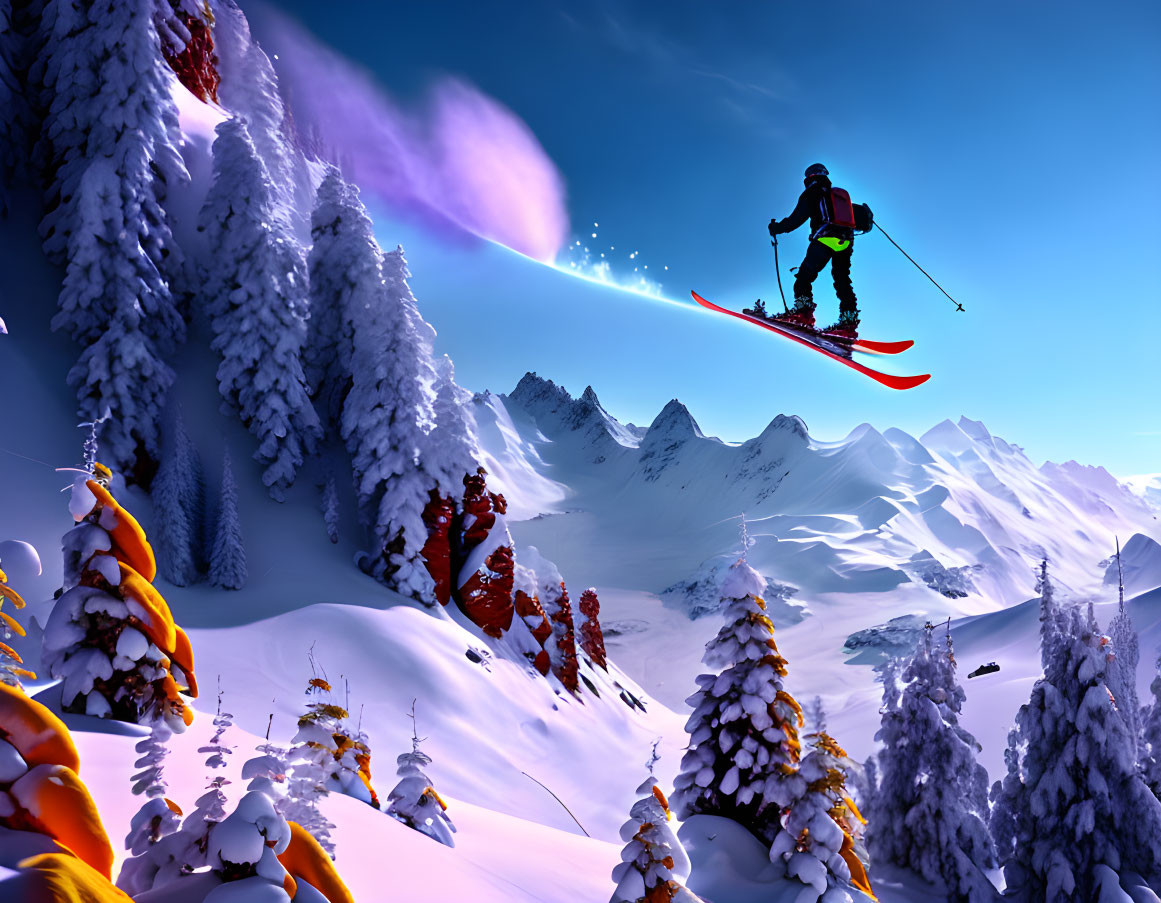 Skier mid-jump in stunning alpine scenery