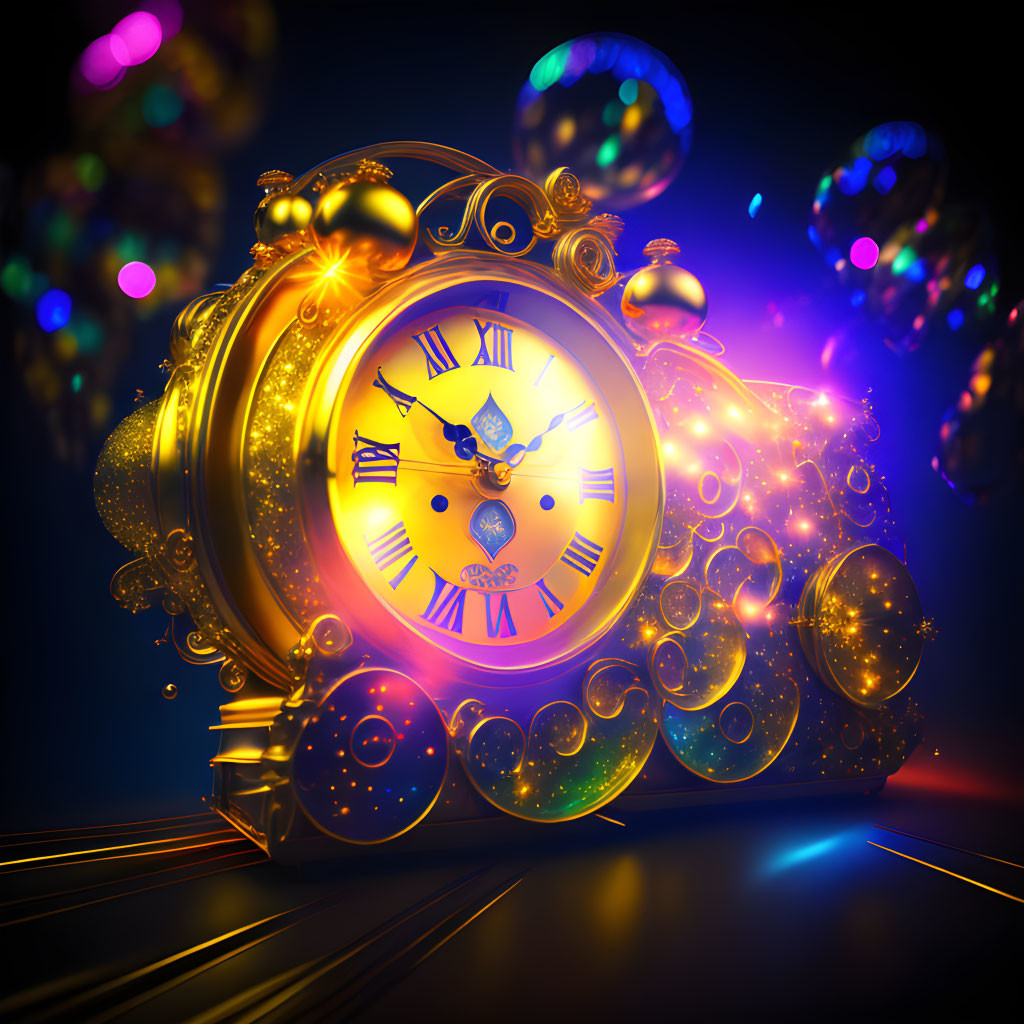 Ornate golden clock with Roman numerals and glowing bubbles on dark background