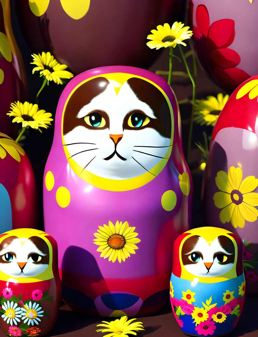 Colorful Cat-Faced Matryoshka Dolls with Floral Patterns